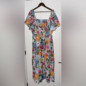 Bloomchic Women Floral Backless‎ Midi Dress Shirred Square Neck Ruffle Hem 22/24